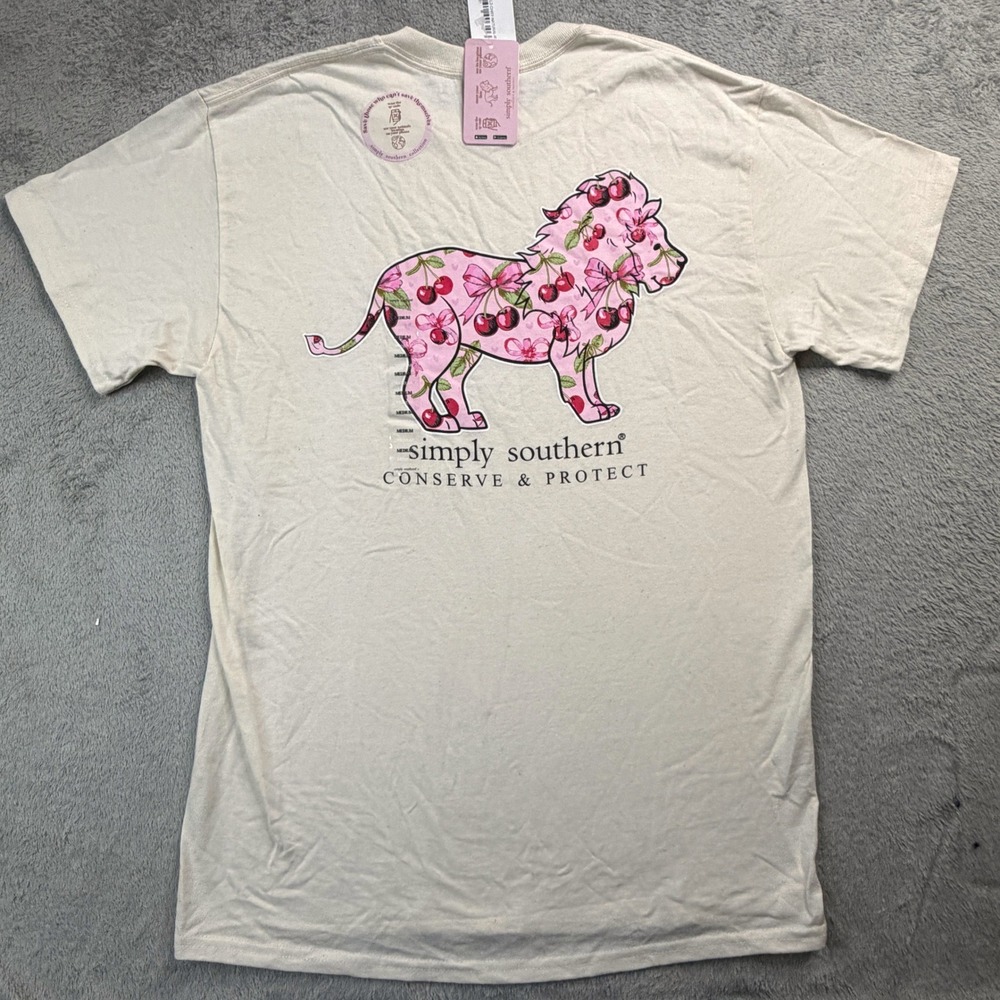 NWT Simply Southern Lion Cherry Bow Graphic Tee Cream Medium